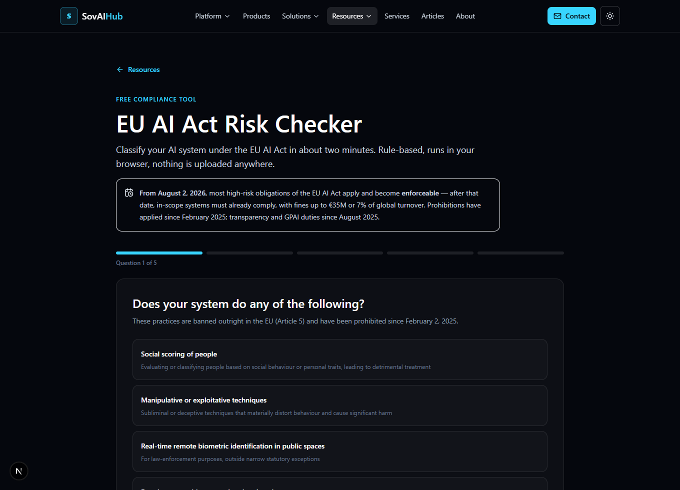 EU AI Act Risk Checker showing a versioned, browser-only orientation workflow